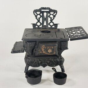 Vintage Crescent Cast Iron Mini Toy Stove Oven With Accessories USA Made